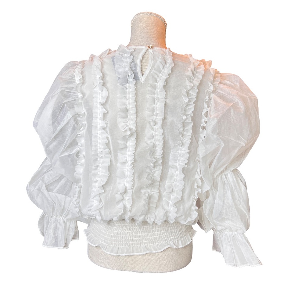 Smocked White Ruffle Puff-Sleeve Blouse - Picture 6 of 12